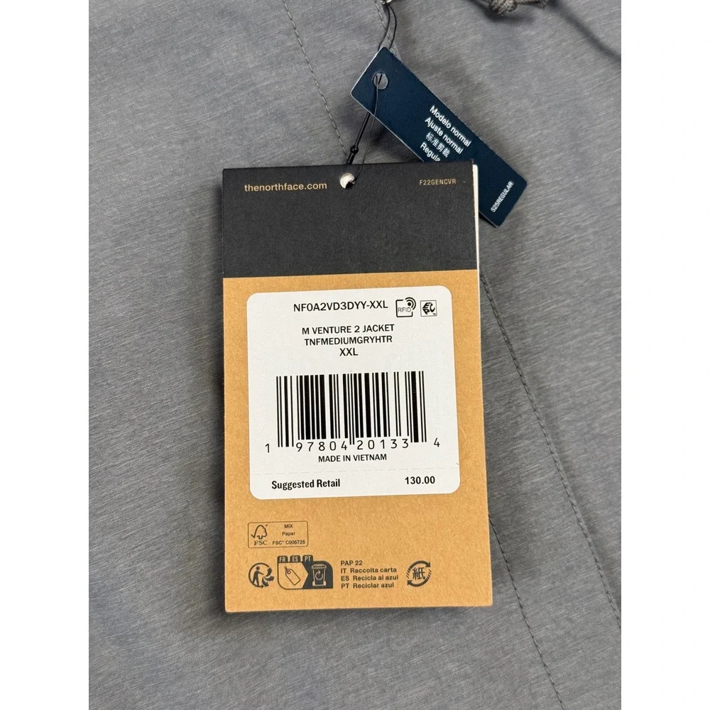 The North Face Venture 2 Jacket Mens XXL Grey Heather DryVent Rain NWT